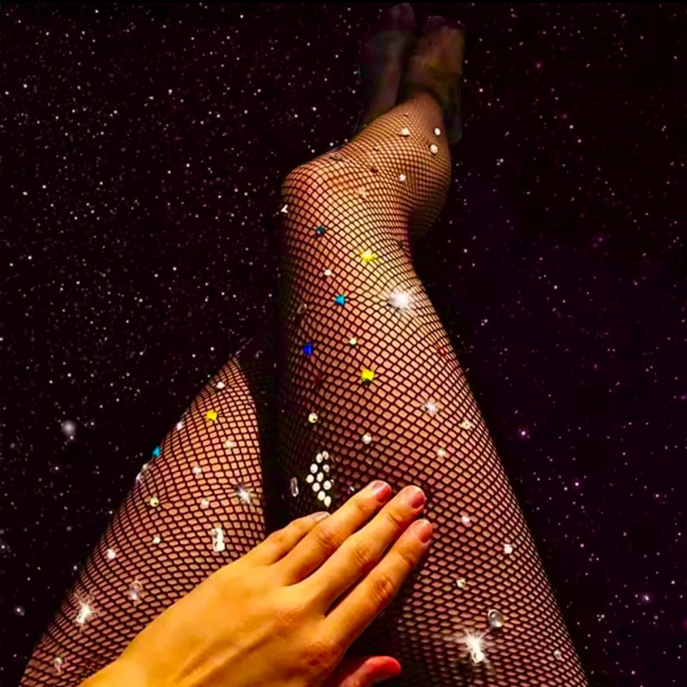 NWT rhinestone black fishnet pantyhose MULTICOLORED crystal XXS to XL one size